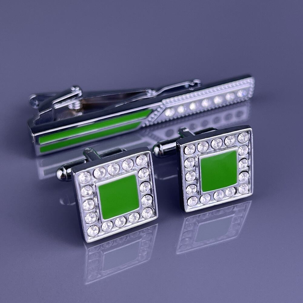 Square Green White Rhinestone Cufflinks Tie Clip Silver Tone Enamel Vintage